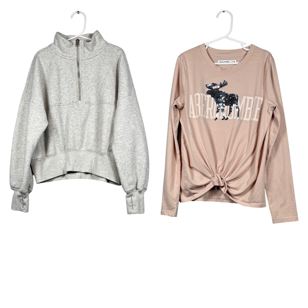 Abercrombie Kids Girls Sequin Moose Graphic Tee, Gray Crop 1/4 Zip Size 9/10